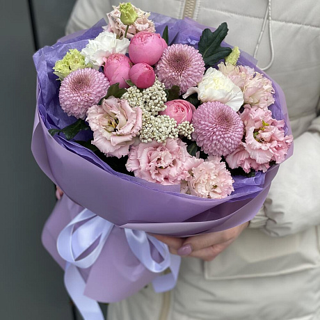 Букет Венера из кустовых пионовидных роз, момоки, озотамнуса и эустомы - Фото 2