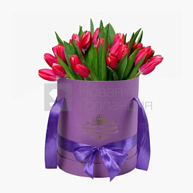 35 красных тюльпанов в сиреневой шляпной коробке №230