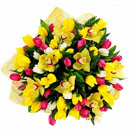 Букет из желтых орхидей и тюльпанов