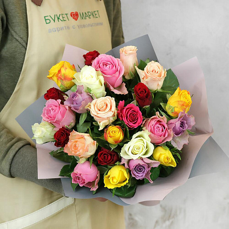 Букет из 25 разноцветных кенийских роз №2 - Фото 5