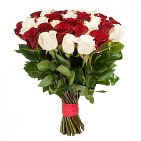 Букет из 41 красной и белой розы под ленту
