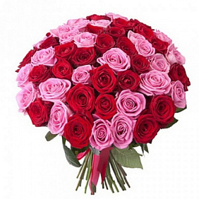Букет из 25 красных и розовых роз с аспидистрой