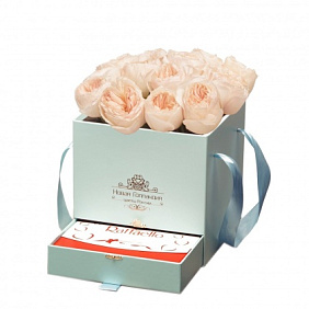 15 персиковых пионовидных роз Премиум в коробке шкатулке