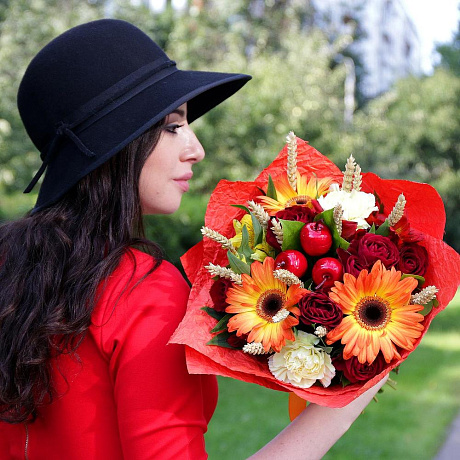 Букет из гербер, роз и альстромерий с пшеницей - Фото 6