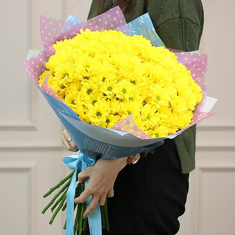 Букет из 25 жёлтых кустовых хризантем Бакарди - Фото 6