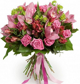 Букет из розовых роз, орхидей Цимбидиум и альстромерий