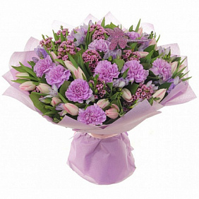 Фиолетовый букет из гвоздик и тюльпанов