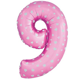 Шар "Цифра 9" розовая с сердцами