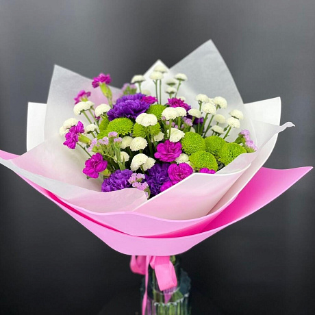 Яркий букет из диантусов и хризантем - Фото 2