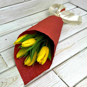 5 желтых тюльпанов  в упаквке