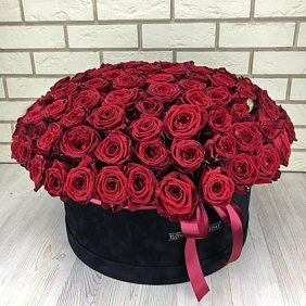 111 красных роз в черной стильной коробке