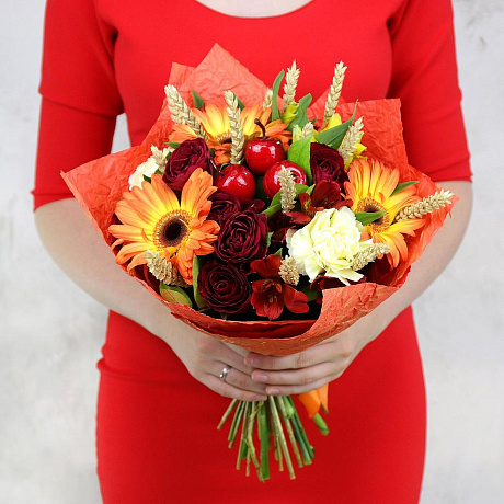 Букет из гербер, роз и альстромерий с пшеницей - Фото 3