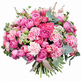 Розовый букет из гвоздик, тюльпанов и роз