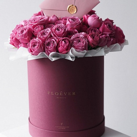 Букет из роз Мисти Бабблз в бордовой шляпной коробке XL
