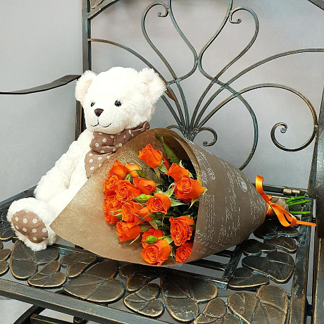 Букет из кустовой оранжевой розы - Фото 5