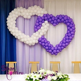 Сдвоенные сердца "Фиолетово-белое" из шаров