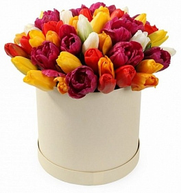 65 разноцветных тюльпанов в шляпной коробке