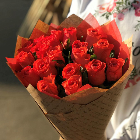 Розы. Букет из 19 оранжевых роз. N516 - Фото 2