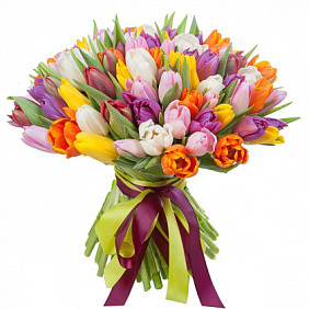 Букет из 75 разноцветных тюльпанов