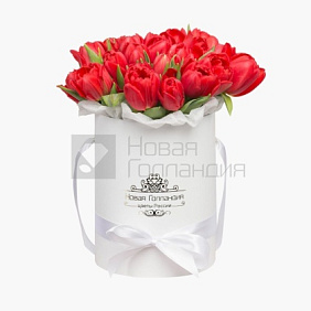 25 красно-рыжих тюльпанов в белой маленькой шляпной коробке №552