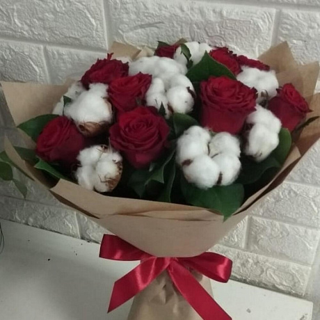 Букет из роз с хлопком - Фото 2