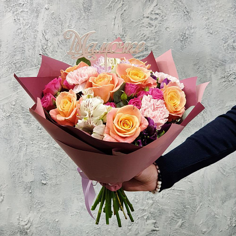 Компактный букетик из роз, хризантемы, альстромерии Моей Родной - Фото 3