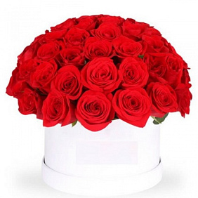 Букет из 19 красных роз в малой шляпной коробке