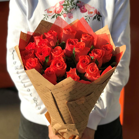 Розы. Букет из 19 оранжевых роз. N516 - Фото 5