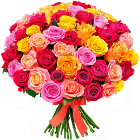 Букет из 51 разноцветной розы под ленту