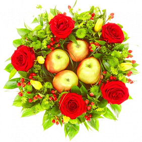 Букет из роз и тюльпанов с яблоками