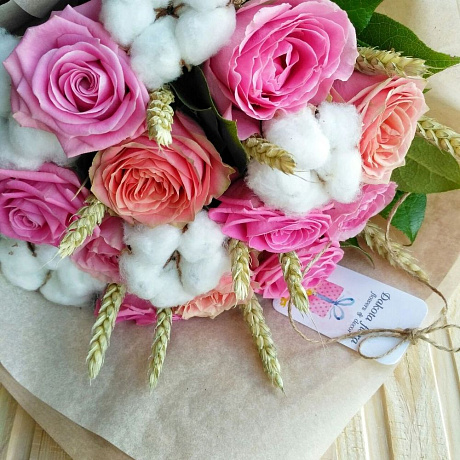 Букет роз с пшеницей и хлопком - Фото 2