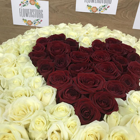 Коробка XXL из 101 белой и красной розы. Сердце из роз. N405 - Фото 5