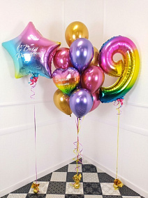 Композиция из шаров "Градиент цифры и звезда с надписью" Радуга