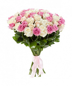 Букет из 41 белой и розовой розы под ленту
