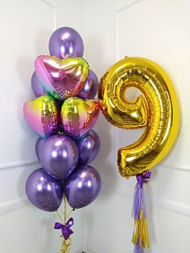 Композиция из шаров "Золотая цифра с фиолетовым фонтаном"