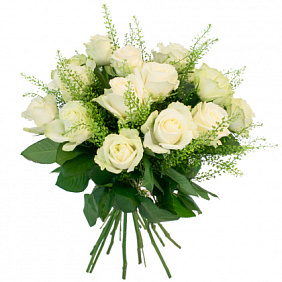 Букет из 15 белых роз, тласпи и зелени