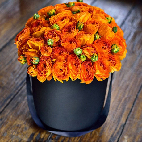 51 Оранжевая роза в большой черной шляпной коробке №335 - Фото 1