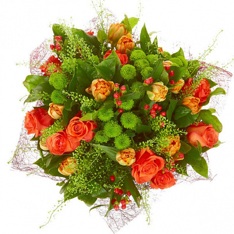 Букет из роз, тюльпанов и хризантем - Фото 1