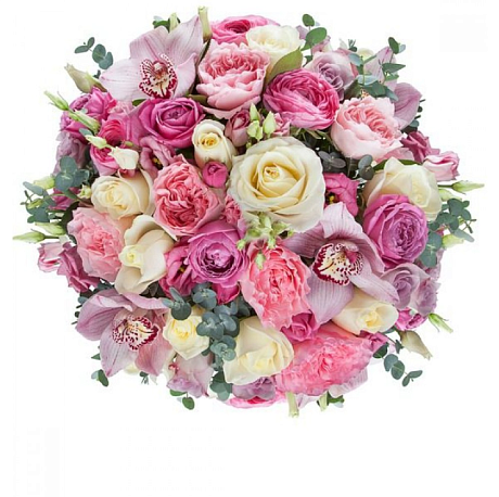 Пионовидные розы, розовые орхидеи и эустомы в корзине - Фото 1
