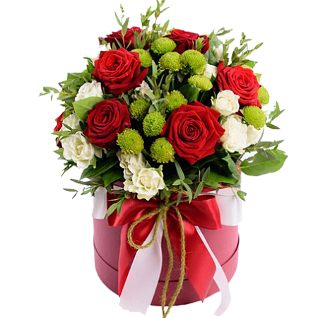 Букет из Розы, хризантемы и зелени в средней шляпной коробке - Фото 1