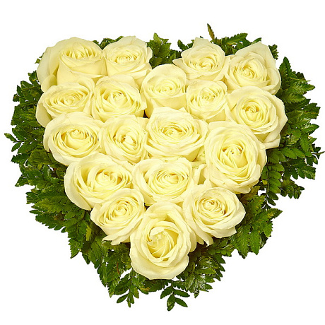 Букет Сердце из 19 белых роз с зеленью - Фото 1