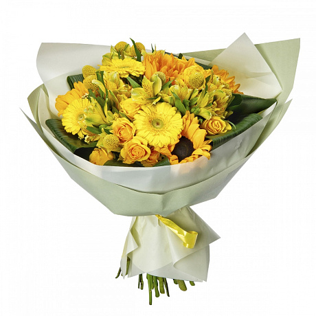 Букет цветов с желтыми герберами и оранжевыми подсолнухами - Фото 1