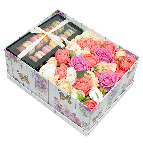Цветы в коробке с макарони средняя 3 - Фото 1