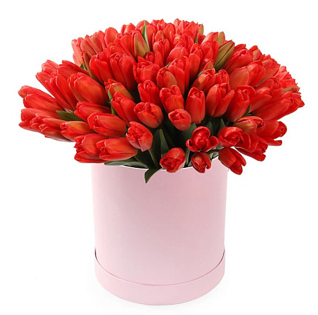 101 красный тюльпан в большой шляпной коробке - Фото 1