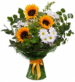Букет из подсолнухов, хризантем и зелени
