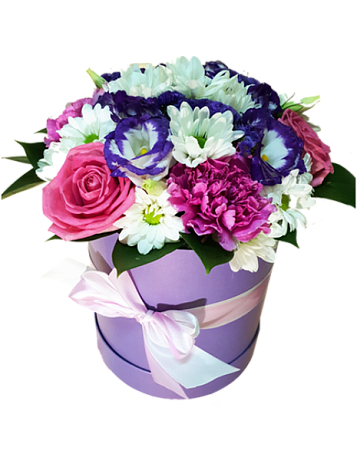 Букет Букет из роз, гвоздик и лизиантуса в малой шляпной коробке