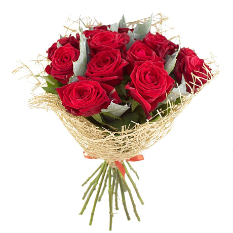 Букет из 15 красных роз и дубовых листьев - Фото 1