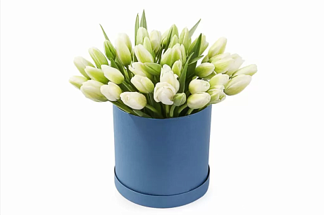 59 белых тюльпанов в большой голубой шляпной коробке №512 - Фото 1