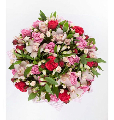 Букет из белых орхидей, роз Пиано и альстромерий - Фото 1