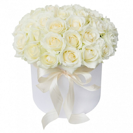 25 белых роз в белой шляпной коробке №179 - Фото 1